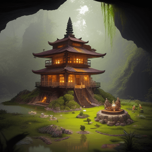 AI generated: A huge ancient mansion golden wooden pagoda in the background, inside a cave, the walls are planted ...