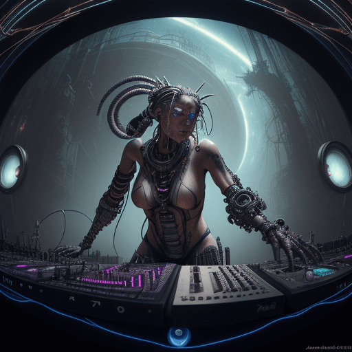 AI generated: a fisheye lens photo of a post apocalyptic tribal cyborg dj tweaking and playing synthesizers in the...