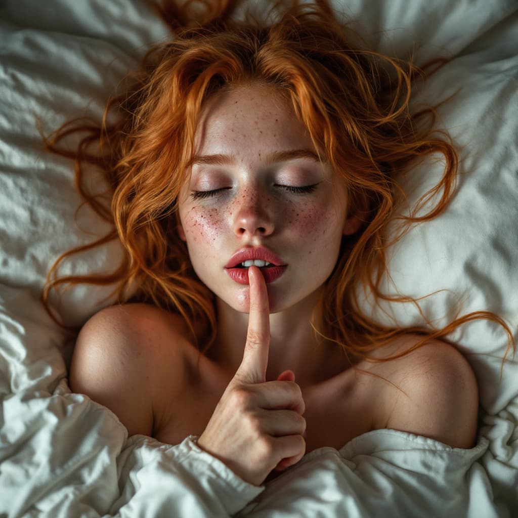 AI generated: ginger girl with freckles in bed, with finger in mouth