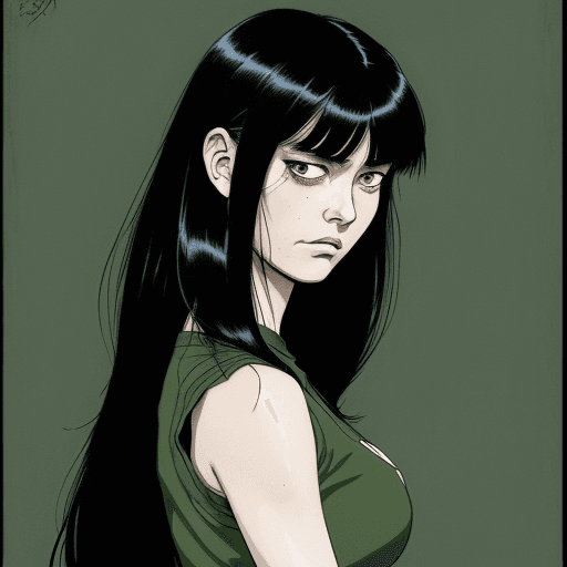 AI generated: a Woman with long messy black hair and big shoulders, with angry eyes, in the style of quirky manga ...