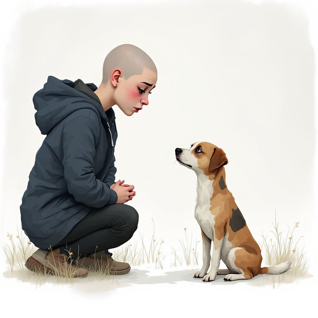 AI generated: A heartwarming scene of a sad teary eyed bald young woman   and a dog sharing a moment of companions...