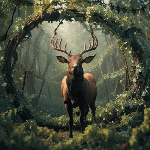 AI generated: an elk made of ( ( ( ( vines and branches ) ) ) )!!!!! stands in the middle of a dark forest <lora:F...