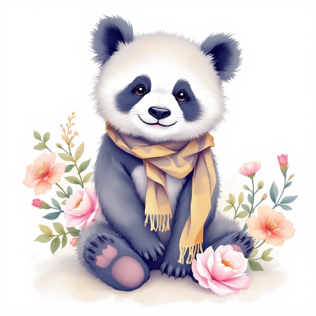AI generated: Beautiful watercolor and pastel-colored illustration featuring fashion grey and GOLD Panda with happ...