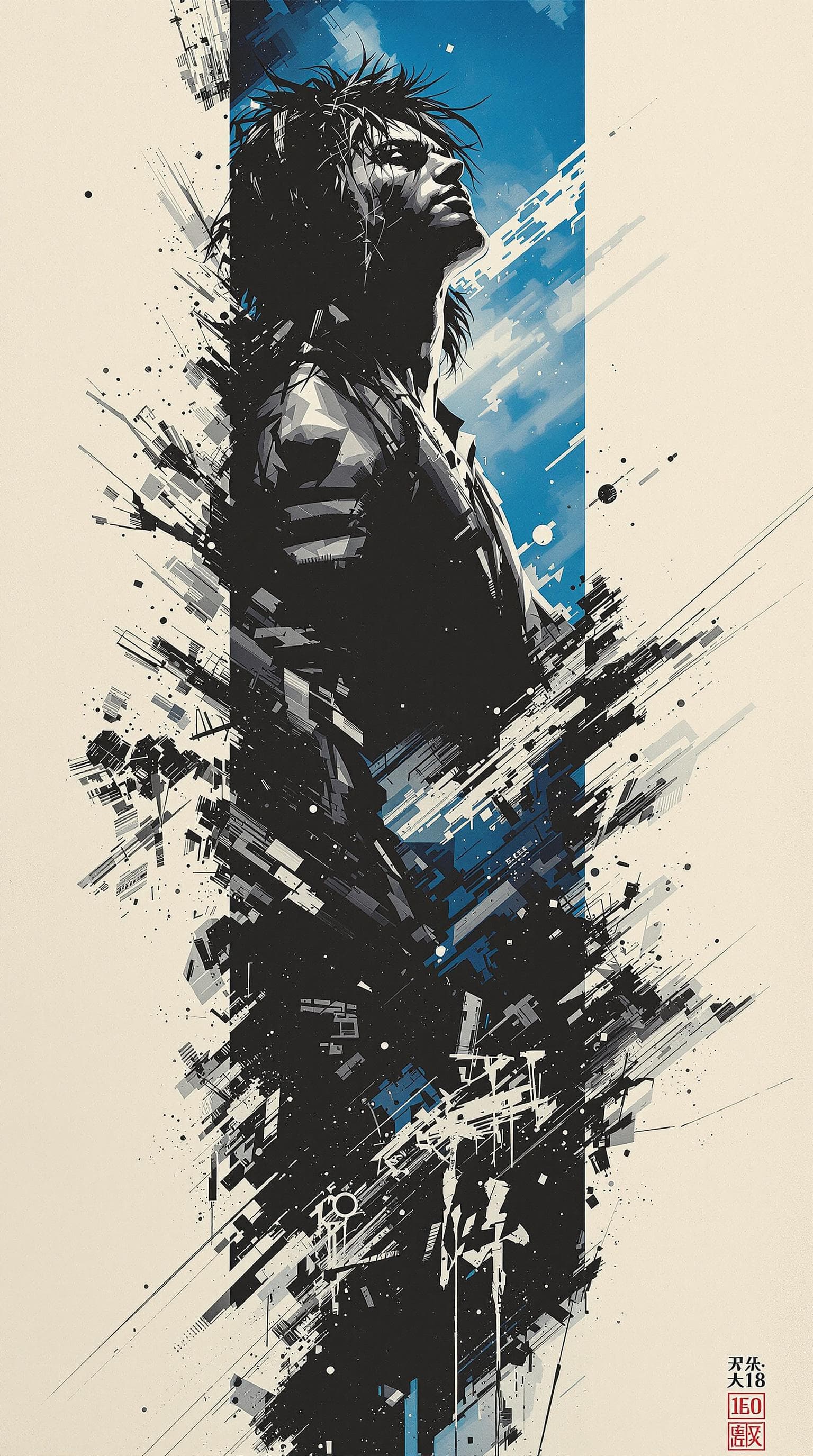 AI generated: movie poster, male character in black, white and blue, in the style of yoh nagao, light-focused --ar...