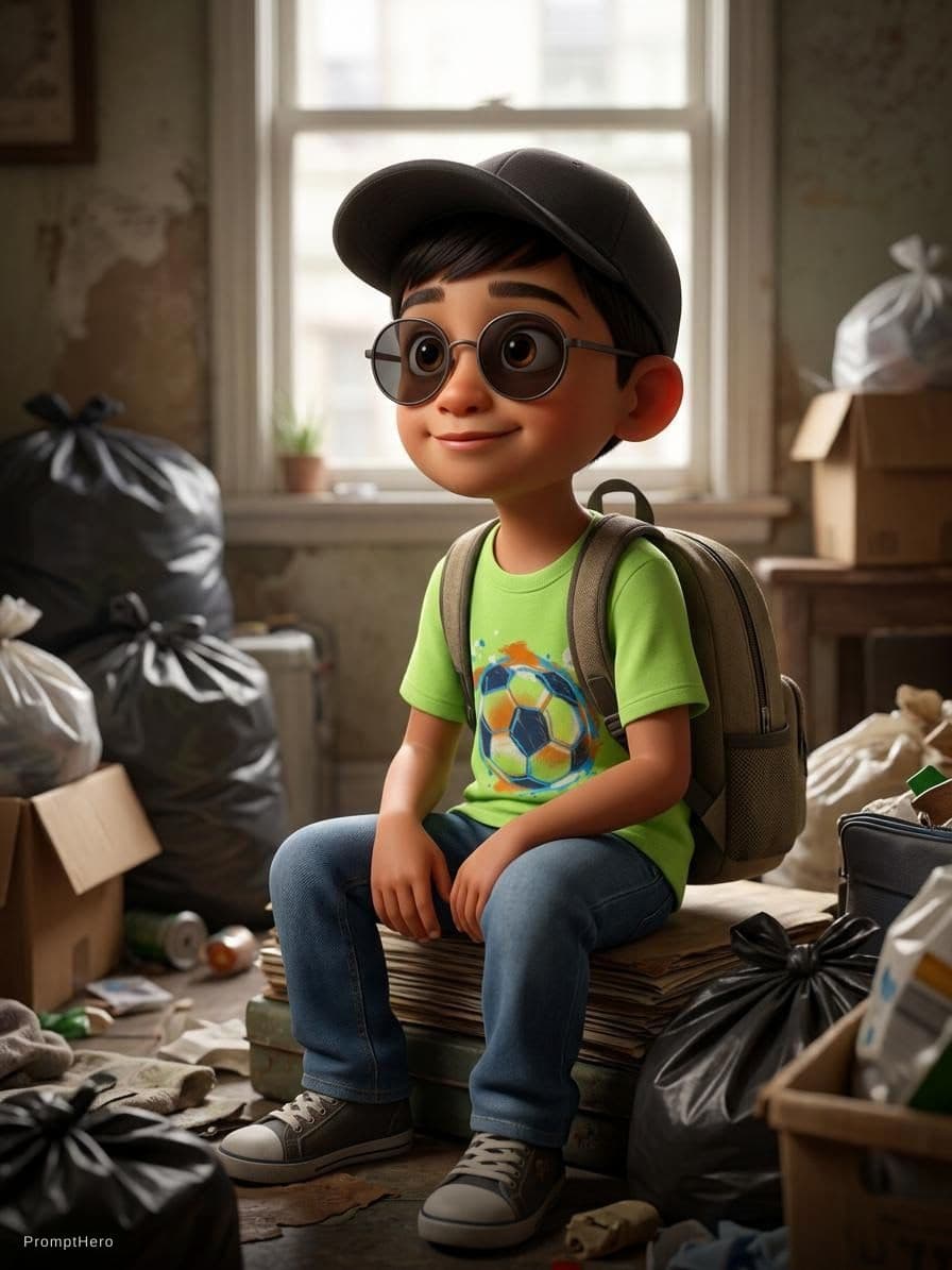 AI generated: A Pixar-style animated portrait of a young, quirky boy wearing a cap, sunglasses, a green t-shirt, j...