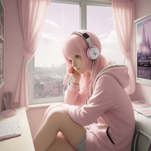 AI generated: Light pink haired girl listening music with her headphones in her room, anime style, posters, window...
