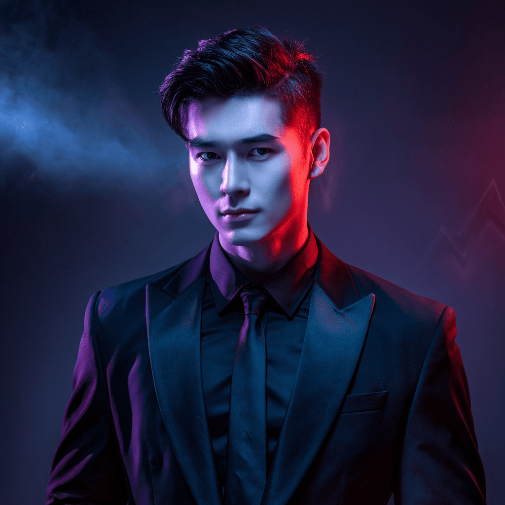 AI generated: "A young man with sharp facial features, styled black hair, and a confident yet mysterious expressio...