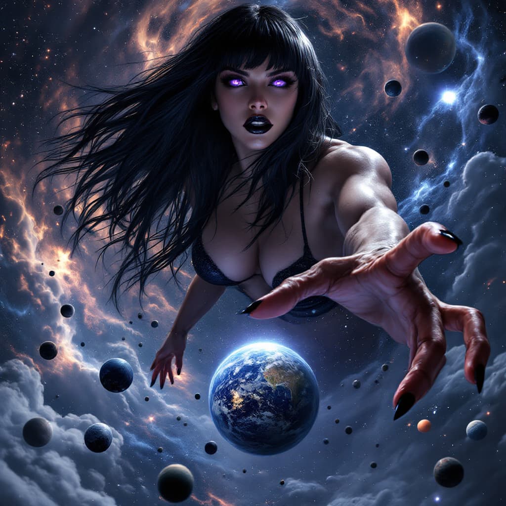 AI generated: enormous giantess female who looks exactly like WWE superstar 
 Rhea Ripley with black medium length...