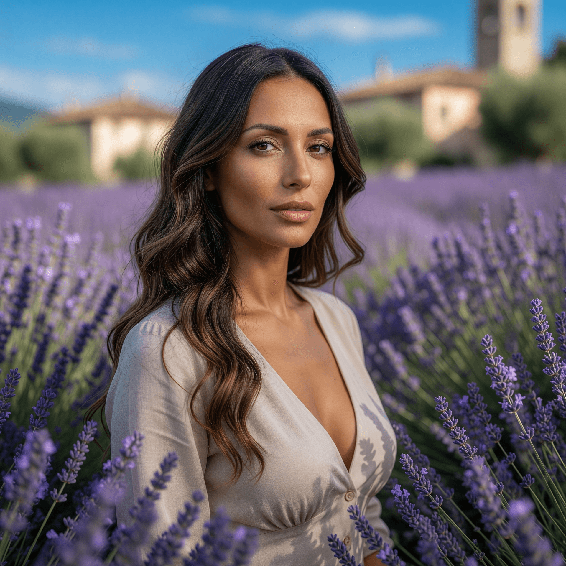 AI generated: Ultra-realistic photograph of a stunning 30-year-old Italian woman with a healthy golden tan complex...