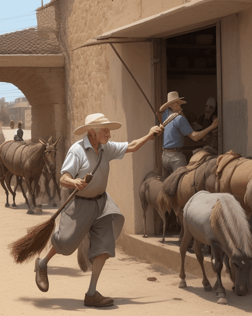AI generated: An elderly man is holding an iron stick in his hand and using it to strike donkeys that are eating b...