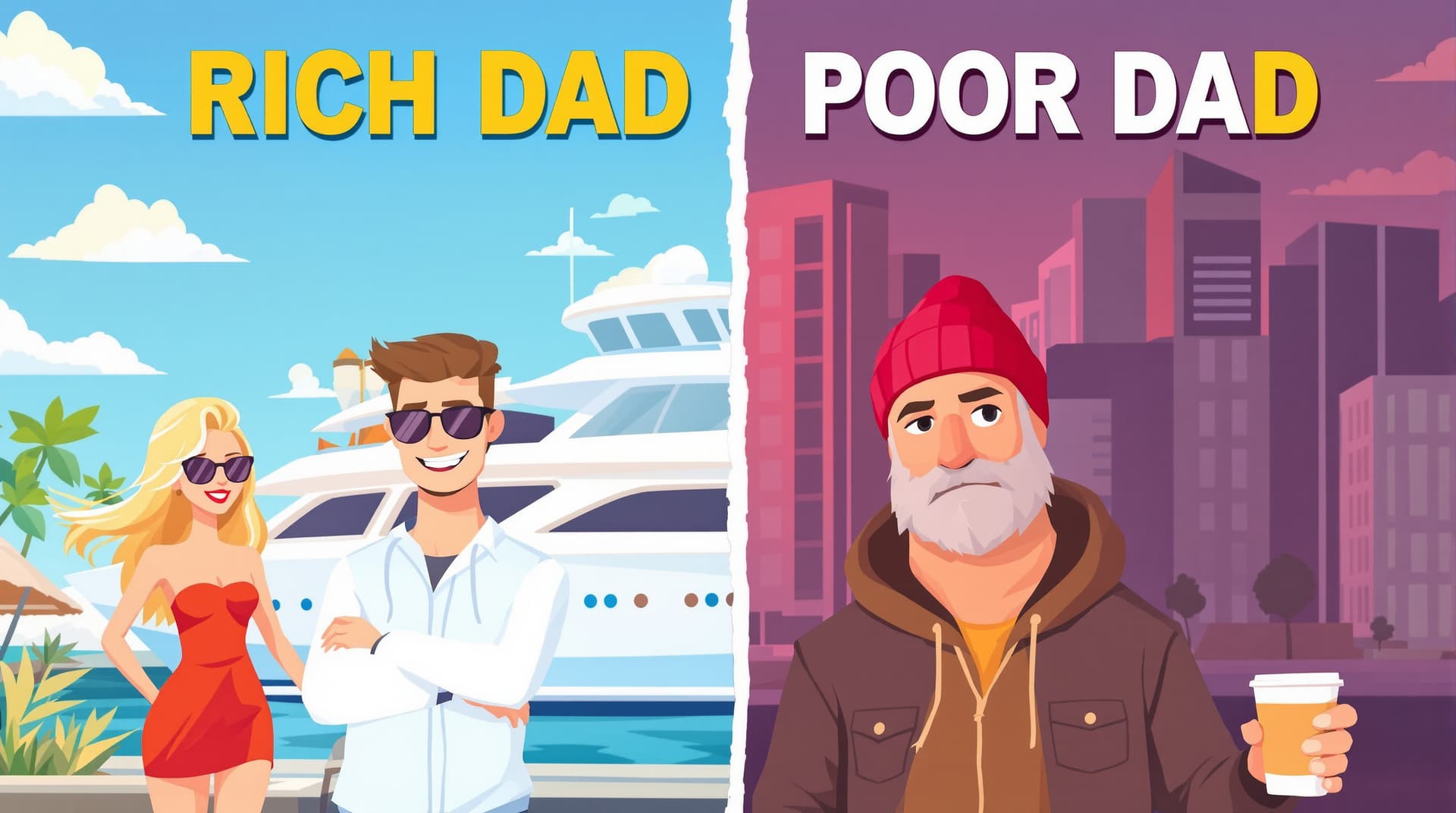 AI generated: A flat-style digital illustration in 16:9 YouTube thumbnail format, inspired by the book "Rich Dad P...