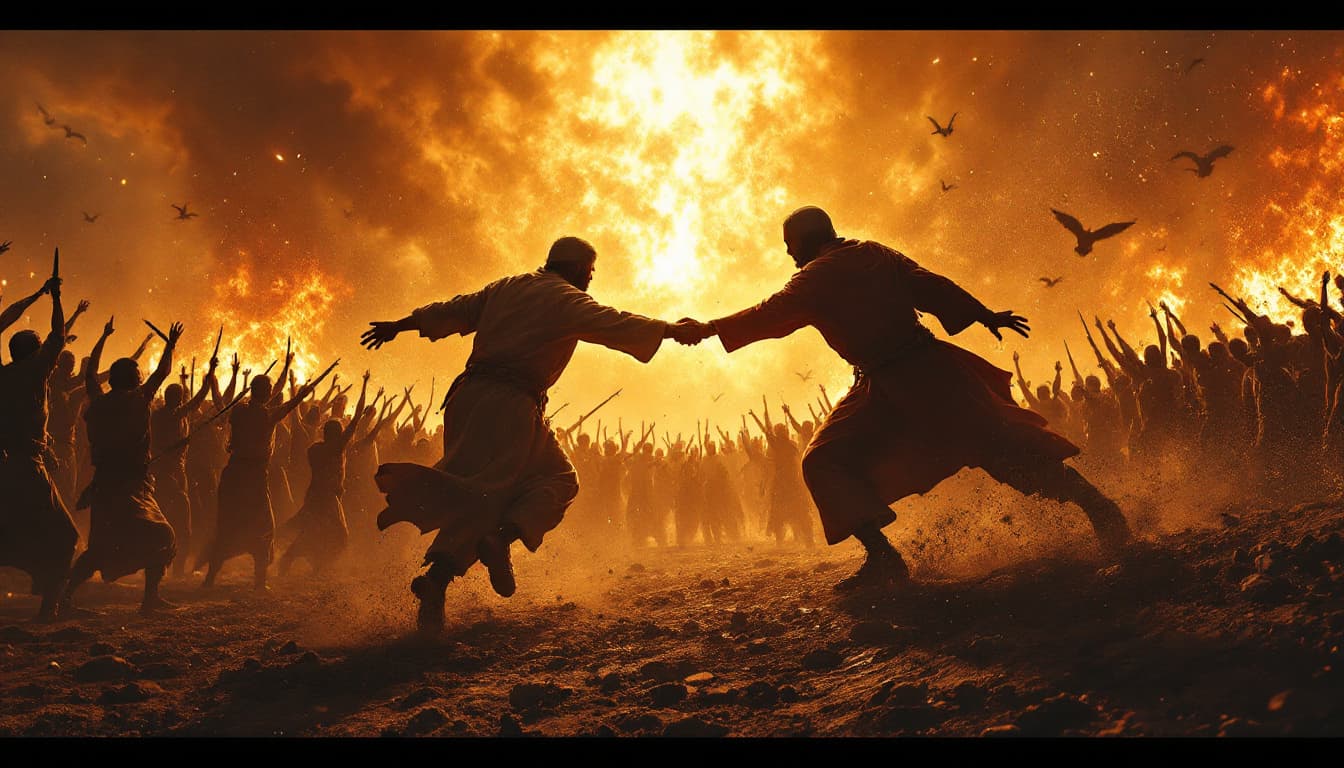 AI generated: epic scene of Christians and Muslims fighting hand in hand against evil terrorists