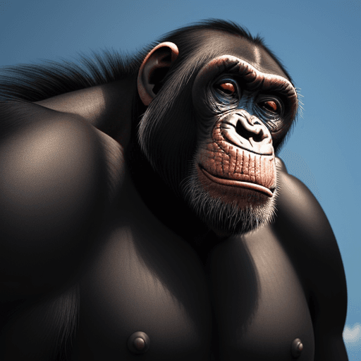 AI generated: O homem gigantesco com máscara de Chimpanzé. coloca uma metrópole minúsculo na sunga protuberante. E...