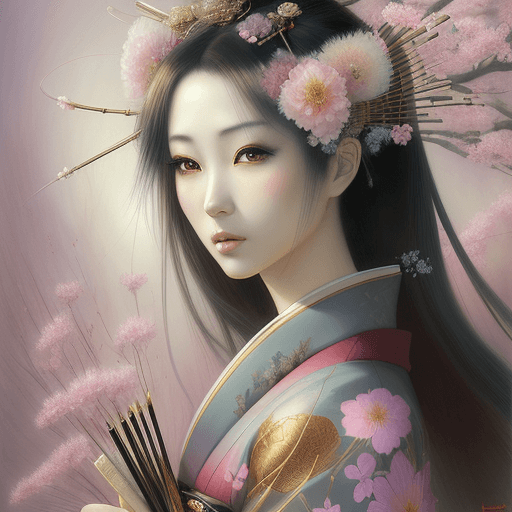 AI generated: portrait of an beautiful Japanese female geisha, surrounded with flowers, realistic detailed. color ...