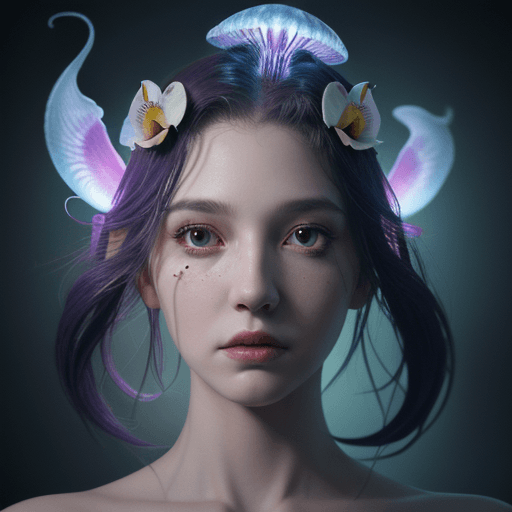 AI generated: Goddess close-up portrait ribcagel. jellyfish phoenix head, nautilus, orchid, skull, betta fish, bio...