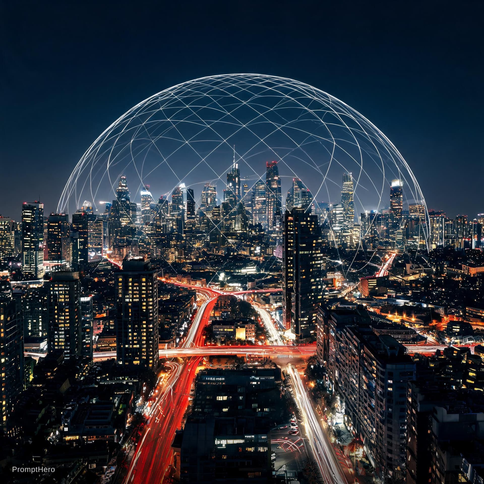AI generated: An elongated photograph using long exposure, revealing the magnificence of a vast metropolis at nigh...