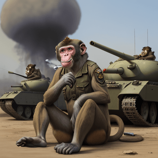 AI generated: hyperrealistic monkey smoking cigarettes during war, he is sittin on big bombs, in the background ta...