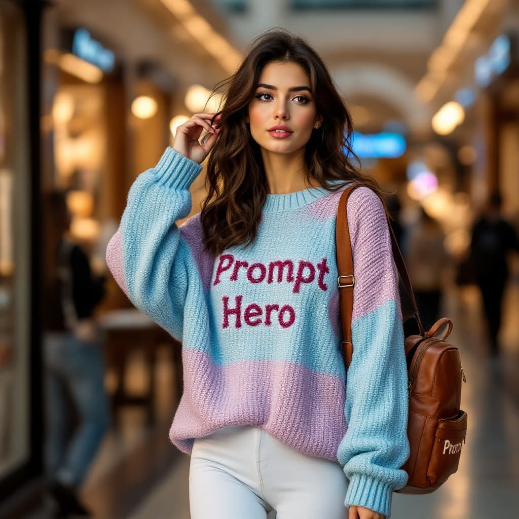 AI generated: A woman with wavy dark brown hair, wearing an oversized pink blue knitted sweater that leaves her sh...