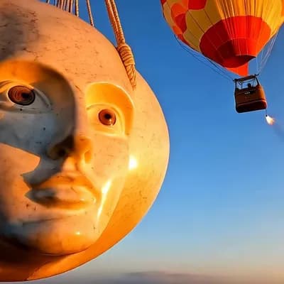 AI generated video:   cabeza redonda de marmol con un ojo de ciclope, esta suspendido de cuerdas de un globo aerostatico...