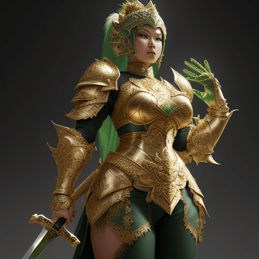 AI generated: A young Indonesian woman wearing heavy green armor decorated with gold makes her even more charismat...