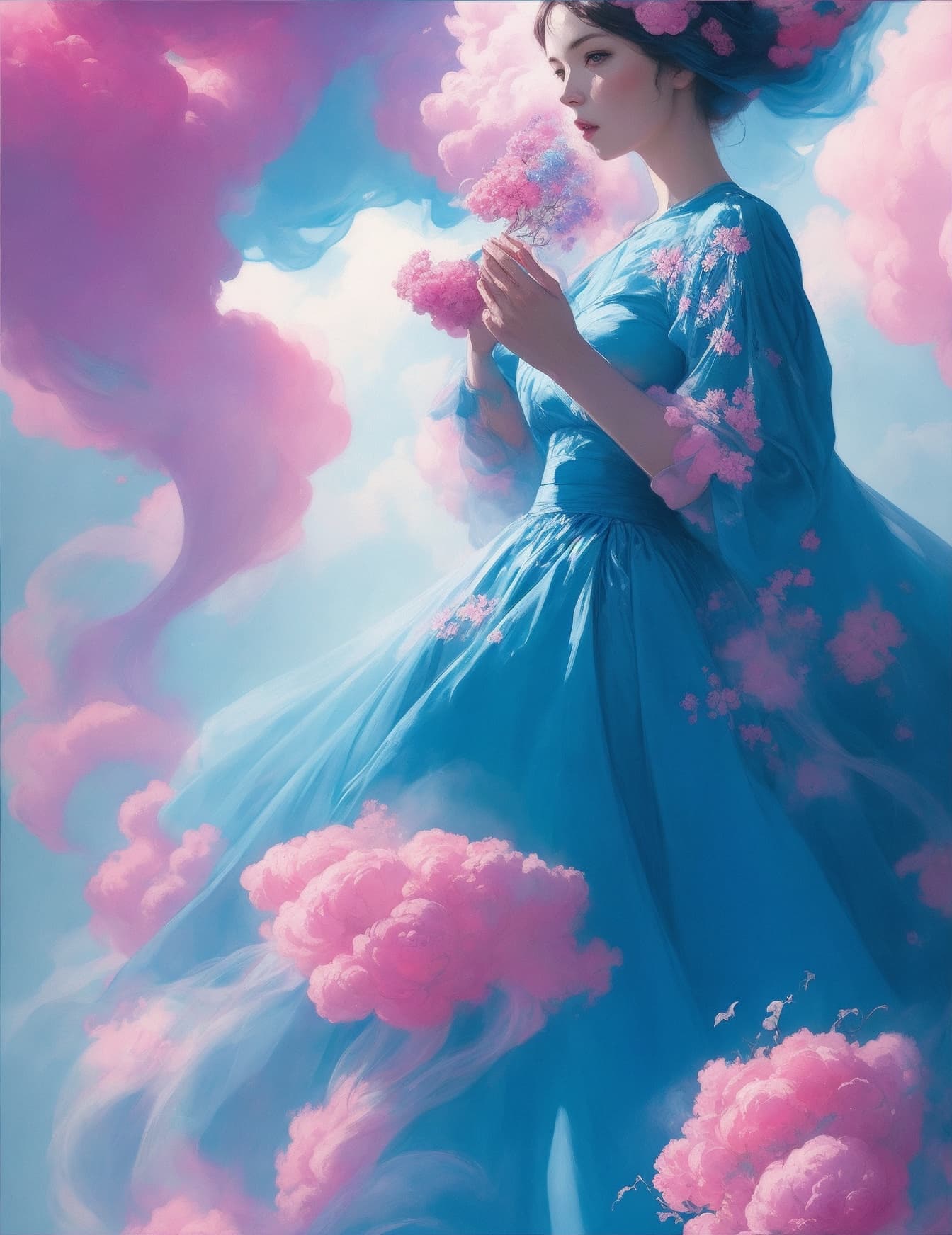 AI generated: <lora:JamesJean:1>a painting of a woman in a blue dress surrounded by pink flowers and smoke by Jame...
