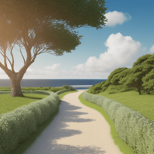 AI generated: landscape with a path that goes towards the sea, passing beautiful realistic trees with white clouds...