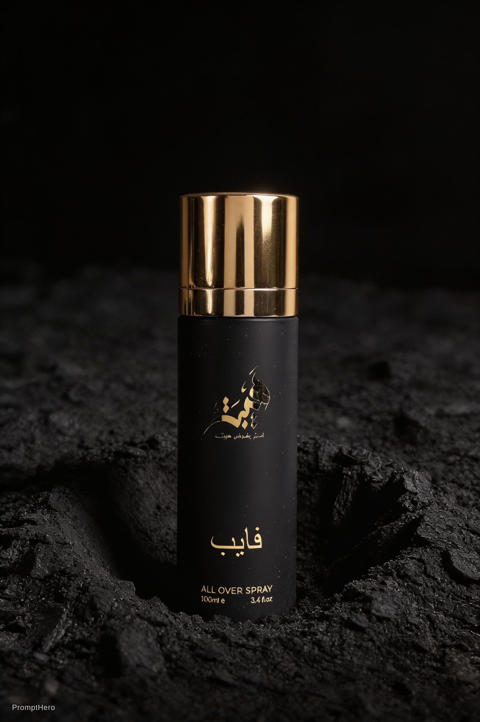 AI generated: High-contrast, dramatic product shot of a rectangular, matte-black perfume bottle (with a vertical e...