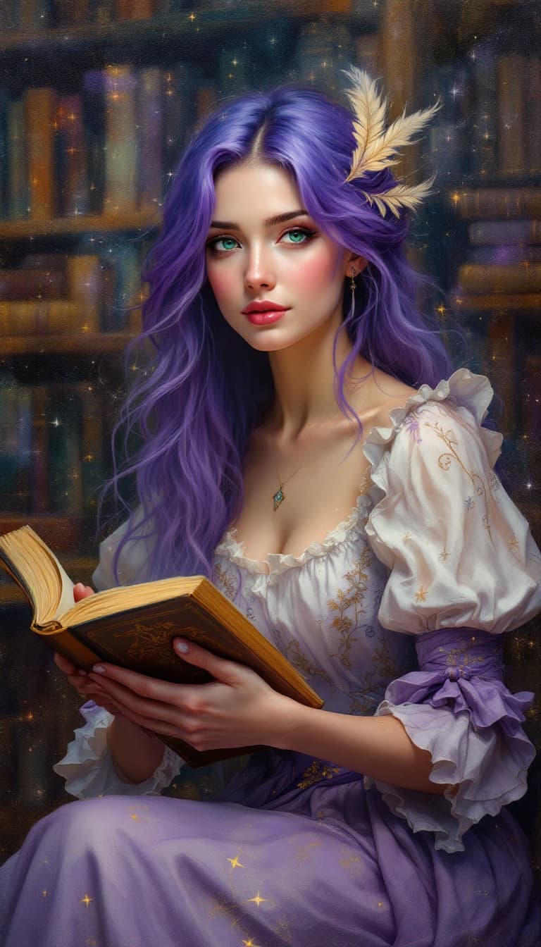 AI generated: "Violet Storyteller in an Ethereal Library": A captivating abstract painting features a storyteller,...