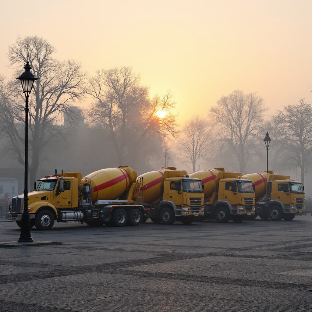 AI generated: Sunrise. Calm light breaks through the fog. A row of yellow with red stripes on barrels
 concrete mi...