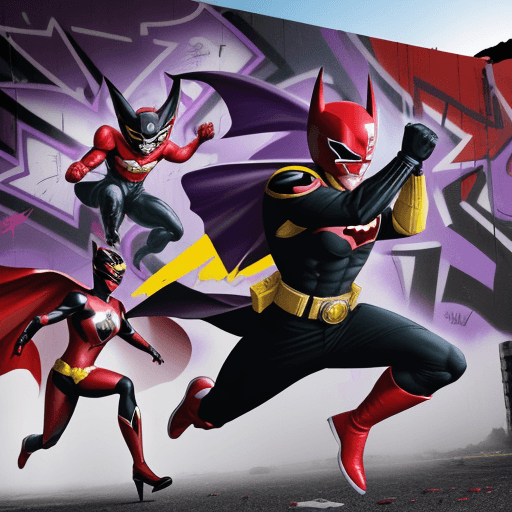 AI generated: red black batman with a red power rangers helmet and a purple and yellow robin with a purple power r...