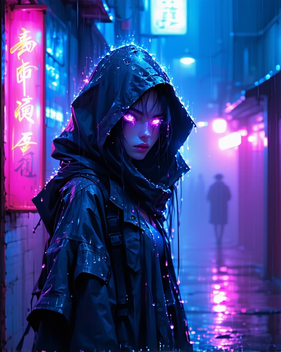 AI generated: A futuristic cyberpunk woman standing in the neon haze, her piercing, glowing eyes reflecting the di...