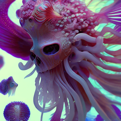 AI generated: Goddess close-up portrait ribcagel. jellyfish phoenix head, nautilus, orchid, skull, betta fish, bio...
