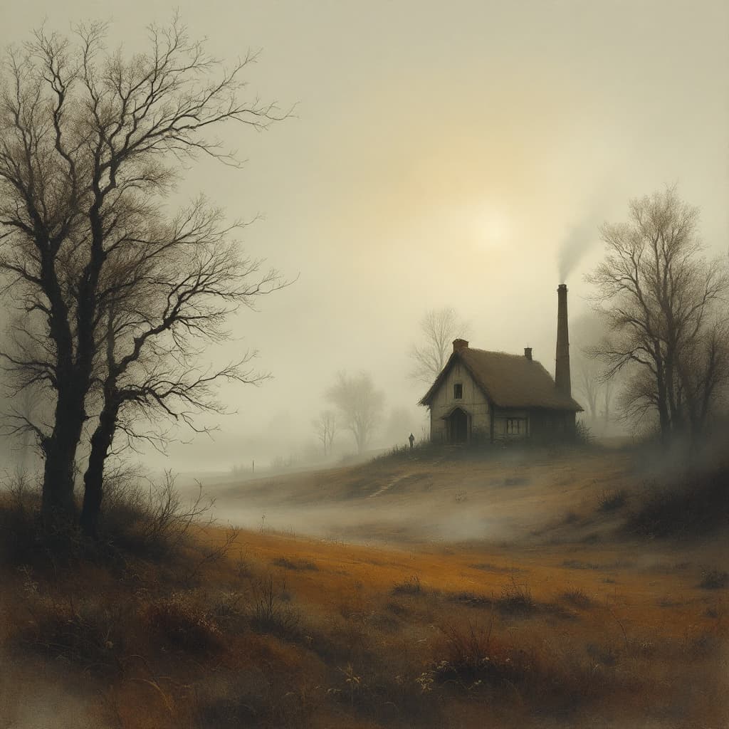 AI generated: Misty rural landscape with a distant hut, strings vibrating, chimney puffing smoke, amidst eerie win...