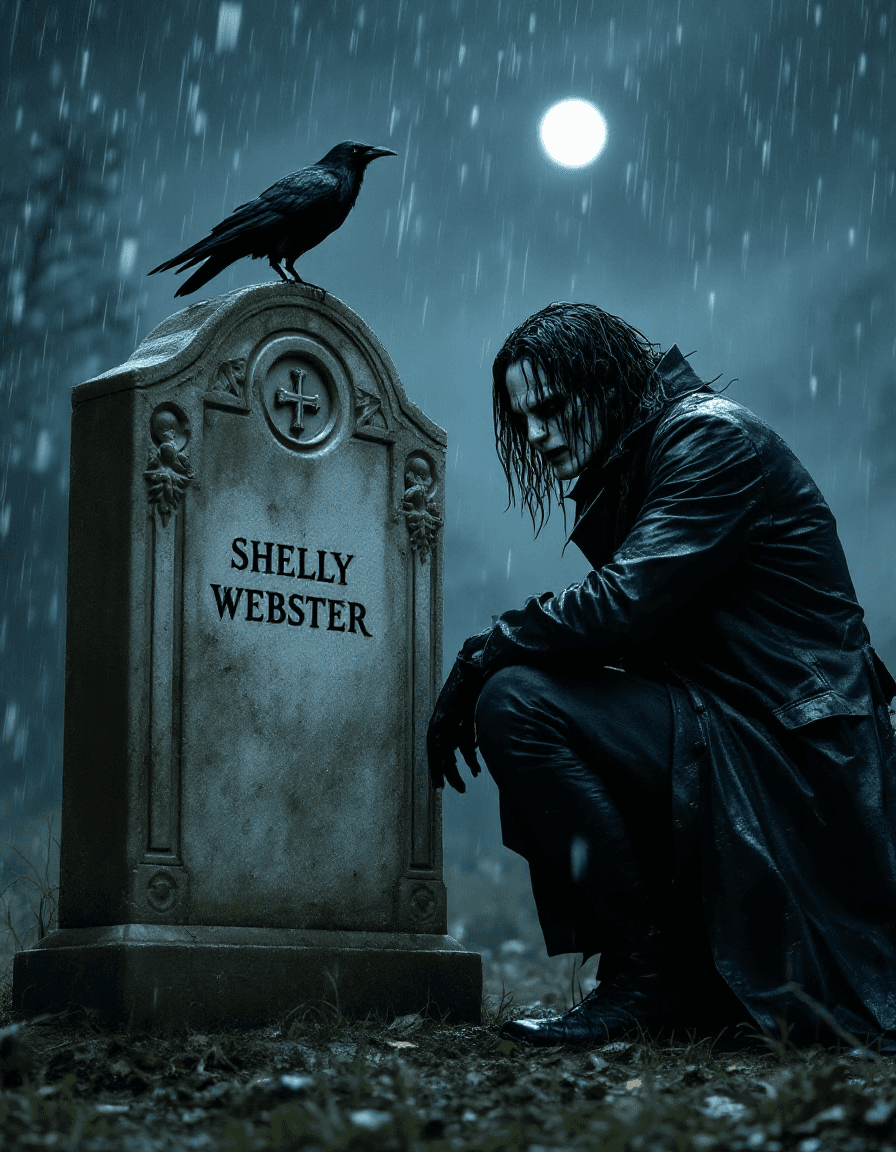 AI generated: A Brandon Lee–inspired figure as Eric Draven from The Crow, kneeling in anguished silence before the...