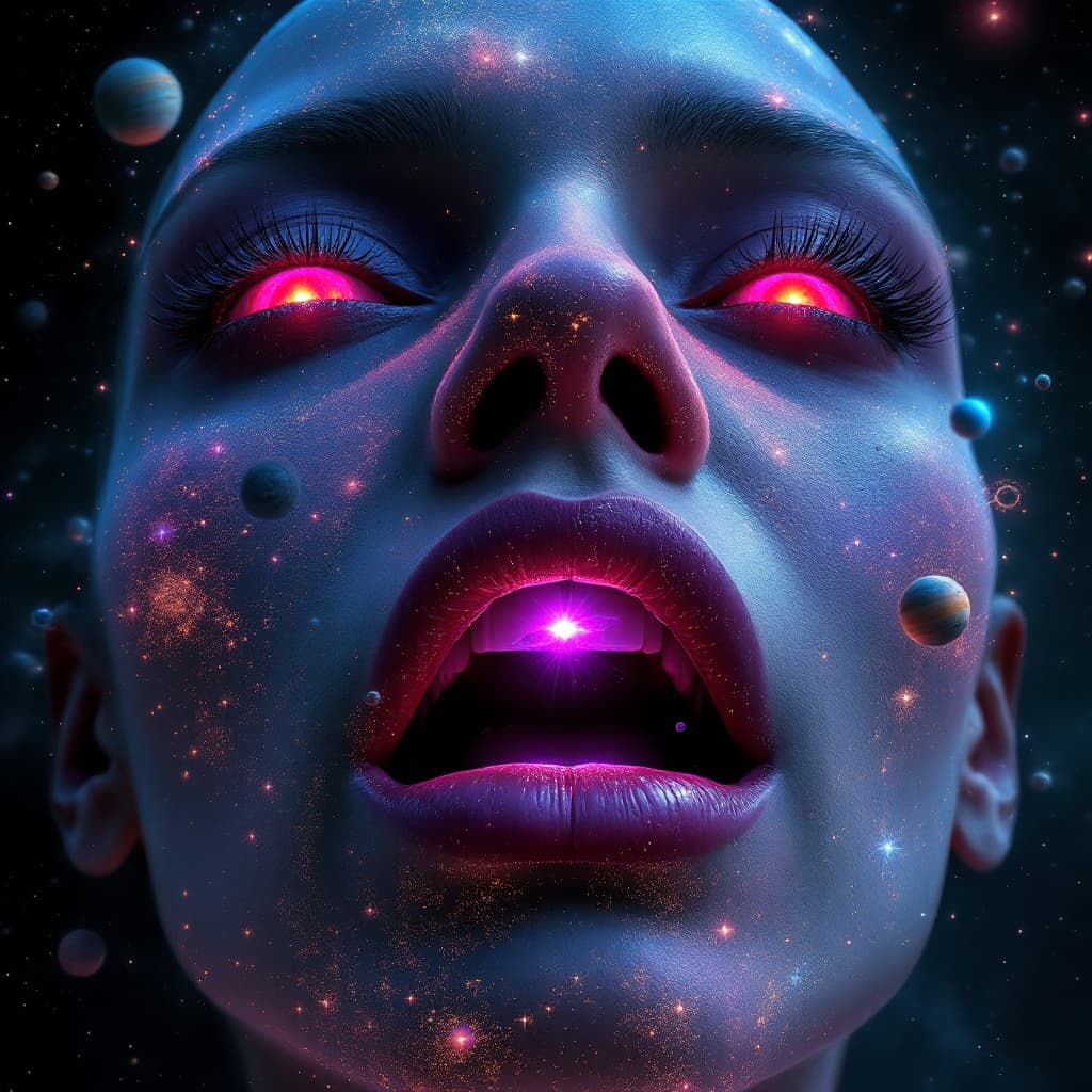 AI generated: close up of an enormous cosmic giantess floating in space's nostrils, minuscule galaxy in front of h...