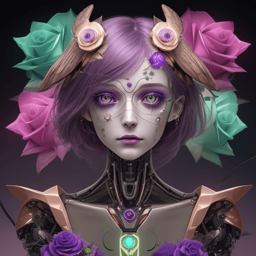 AI generated: ultra well detailed,  rose,   gold-tipped petals, green, purple, sapphire, woman's face, owl eyes, f...