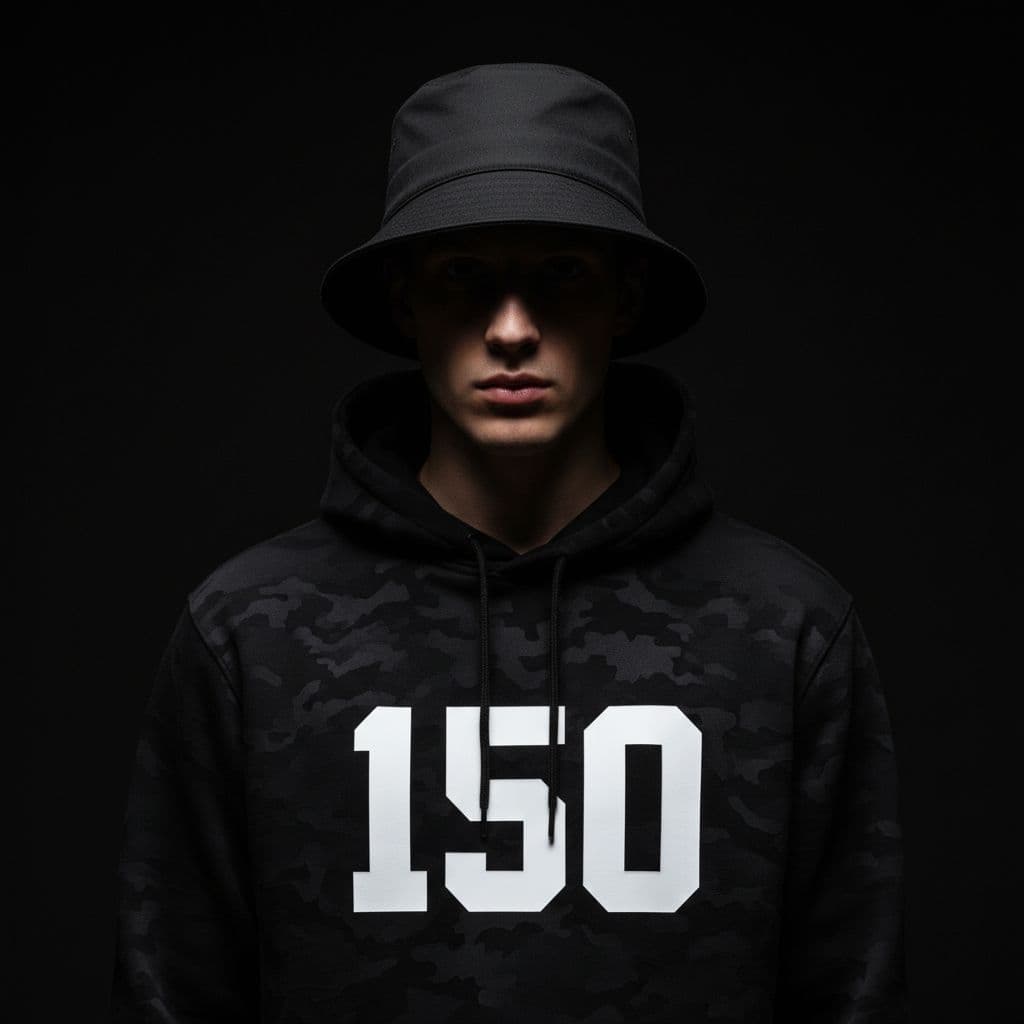 AI generated: photography, front shot, upper body, male model, wearing a bucket hat, black hoody, HOODY WITH TEXT ...