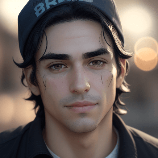 AI generated: hyper realistic selfie portrait of a man of 28, messy black hair (backwards cap), dimples, chapped l...