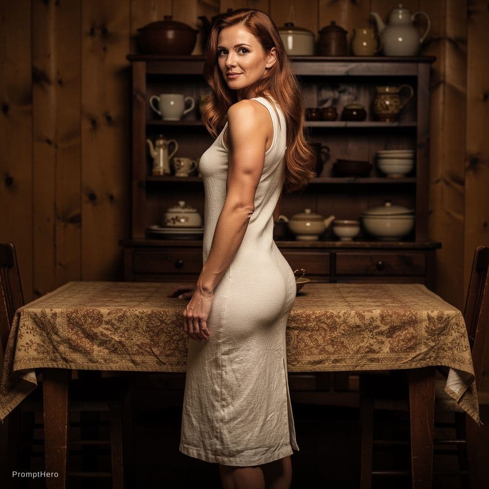 AI generated: Create a photorealistic image of a fit, nude adult woman infront of a table in an old-fashioned kitc...