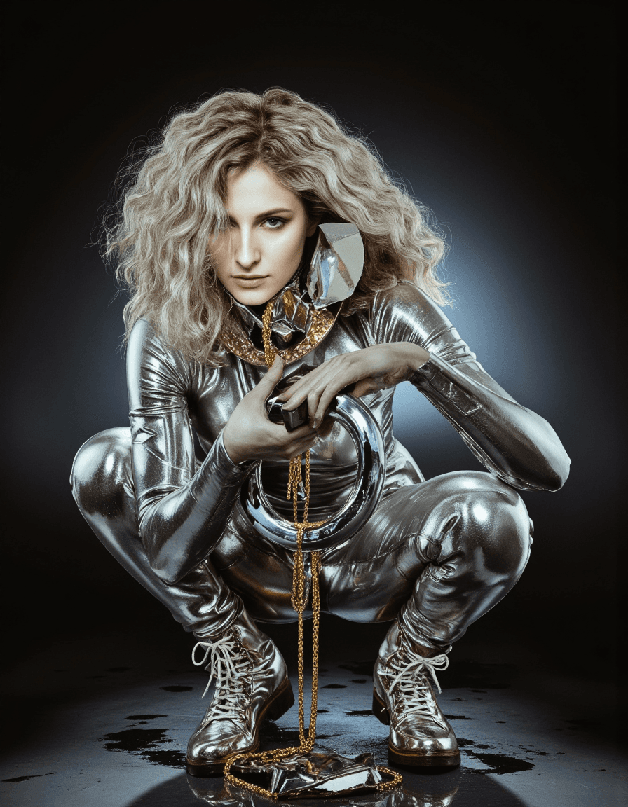 AI generated: A dynamic three quarter pose of a woman with silver long hair, wearing a glossy silver full body sui...