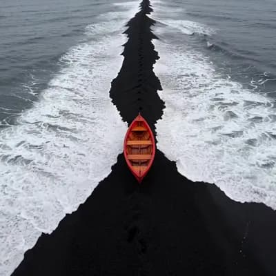 AI generated video: small, red wooden boat rests on a dark, volcanic beach.  The boat is centered in the image, position...