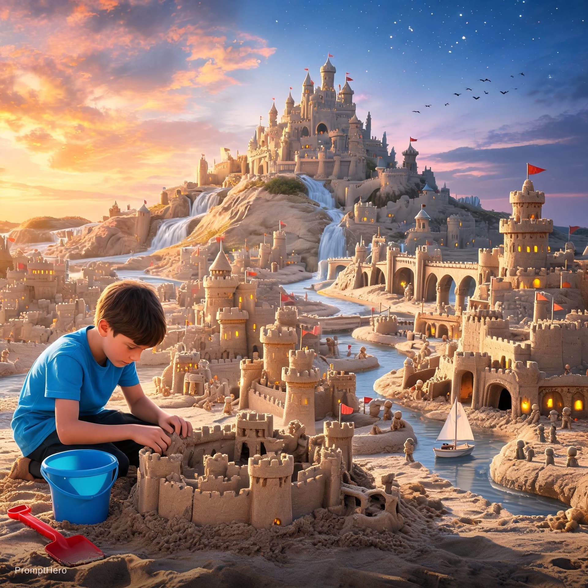 AI generated: Un plano medio cinematográfico de un joven niño construyendo intrincadas estructuras de castillos de...
