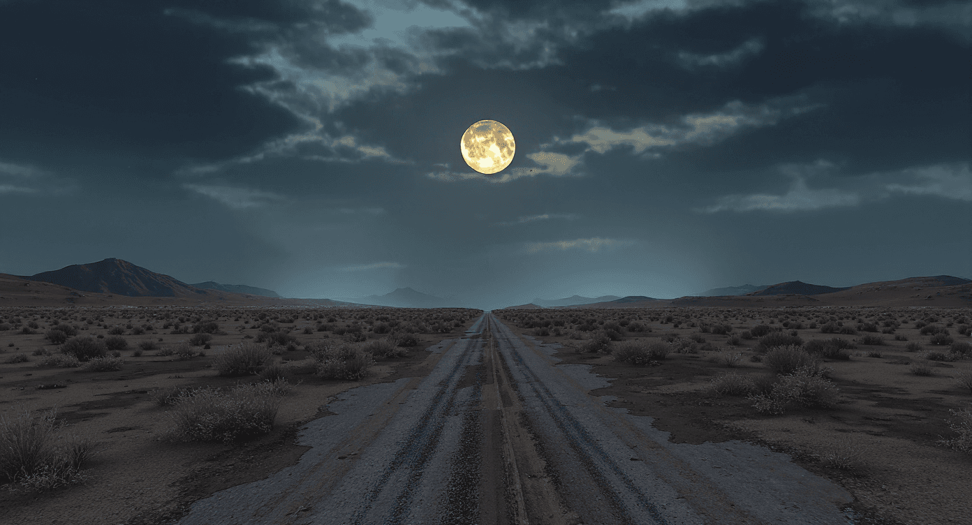 AI generated: at the end of the town edge you see a road leading out into the moonlight dessert, you follow it