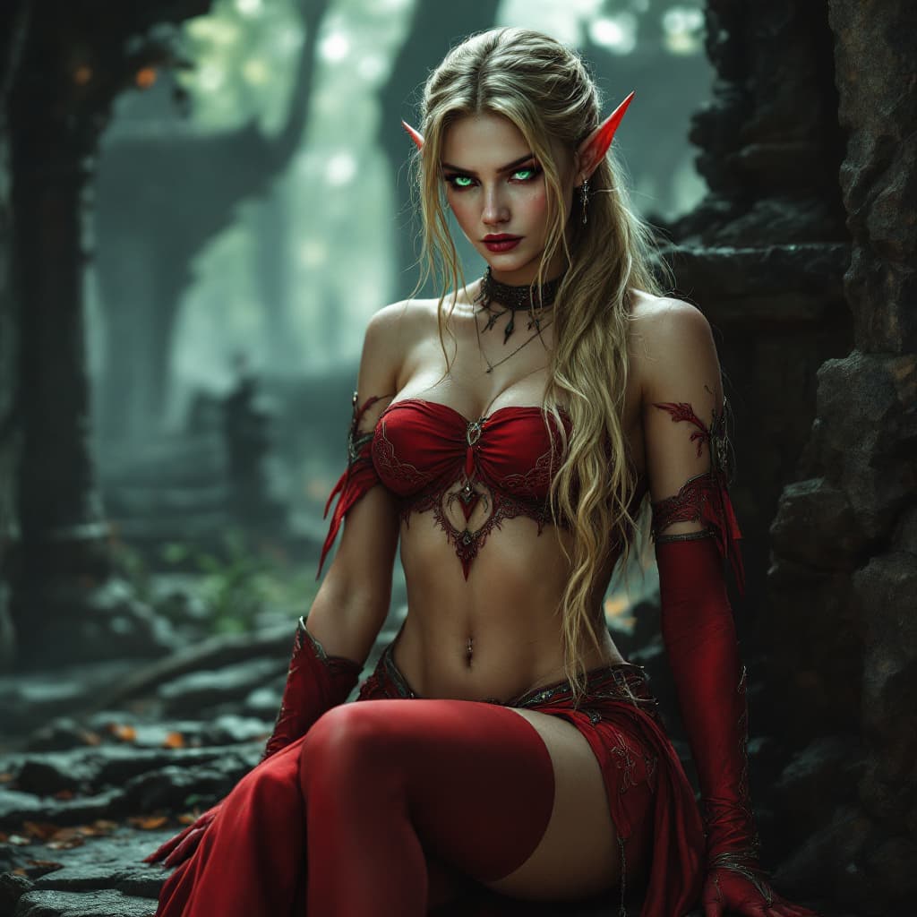 AI generated: ((Full body)), highly detailed ((Blood Elf woman from World of Warcraft)), captive yet dignified, we...