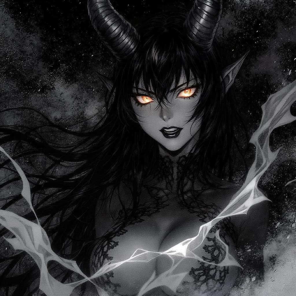 AI generated: beautiful demon, with glowing eyes, black hair fringe. make it a beautiful striking and confident gi...