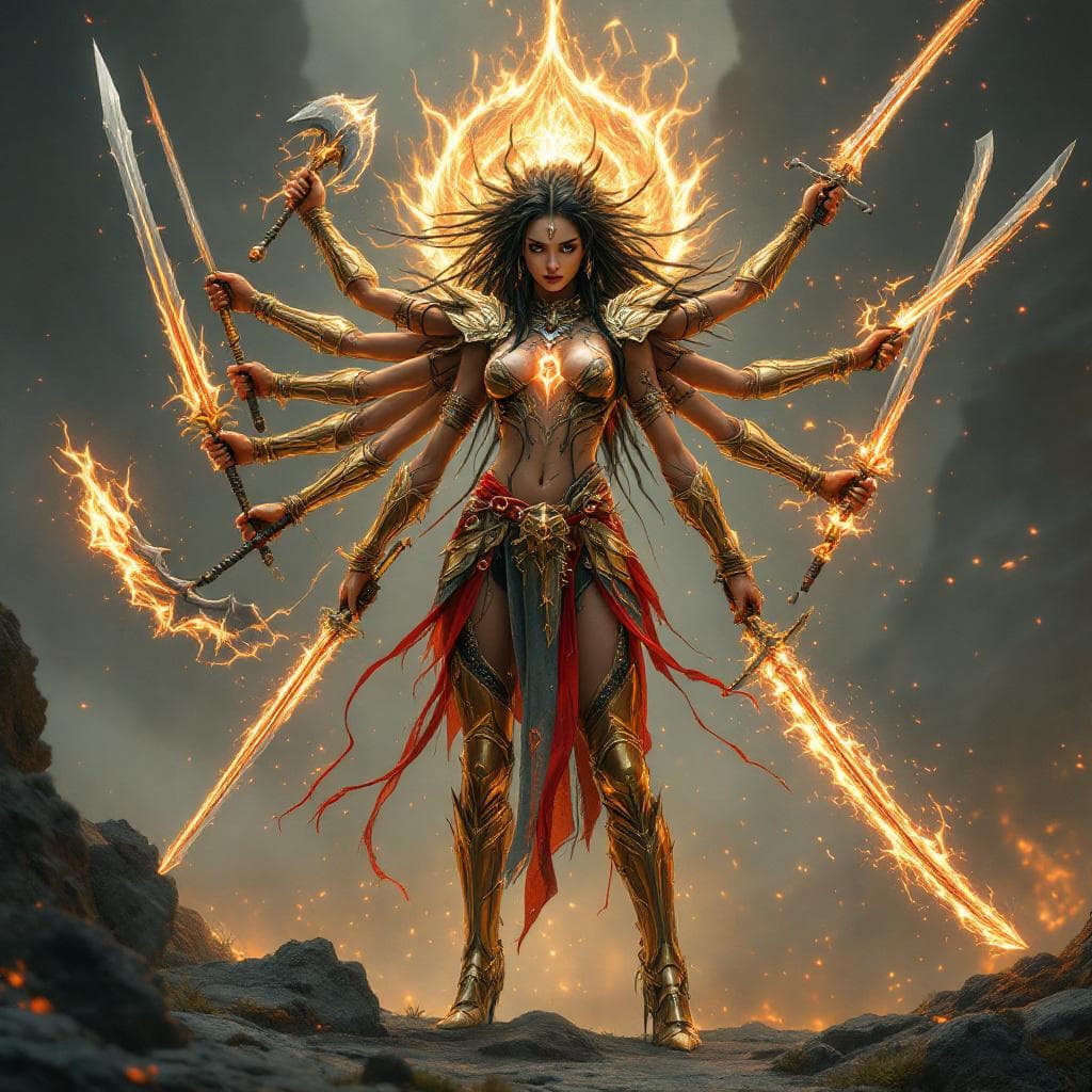AI generated: An ultra-realistic, full-body portrait of woman captures her with ten arms unfurled like divine wing...