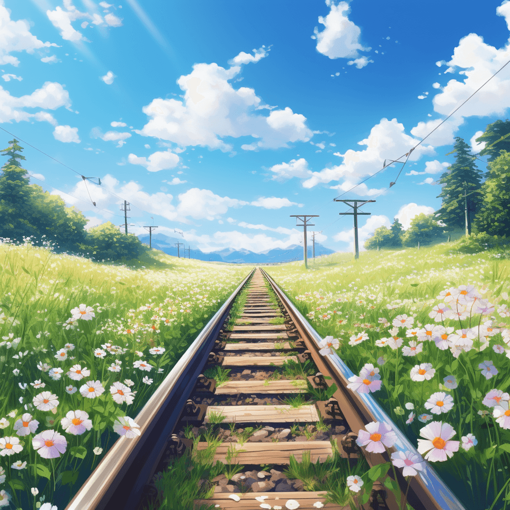 AI generated: overhead shot A rail track, flower plants, grasses, blue sky, dynamic white clouds, sunny, magnifice...