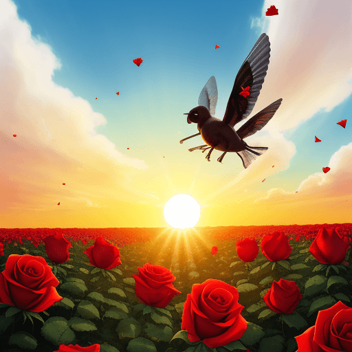 AI generated: 
roses fly from the sky and the sun shines on them