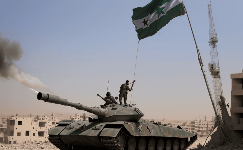 AI generated: A fierce fighter in the Ghouta of Damascus is shelling the tanks of the criminal Syrian regime with ...