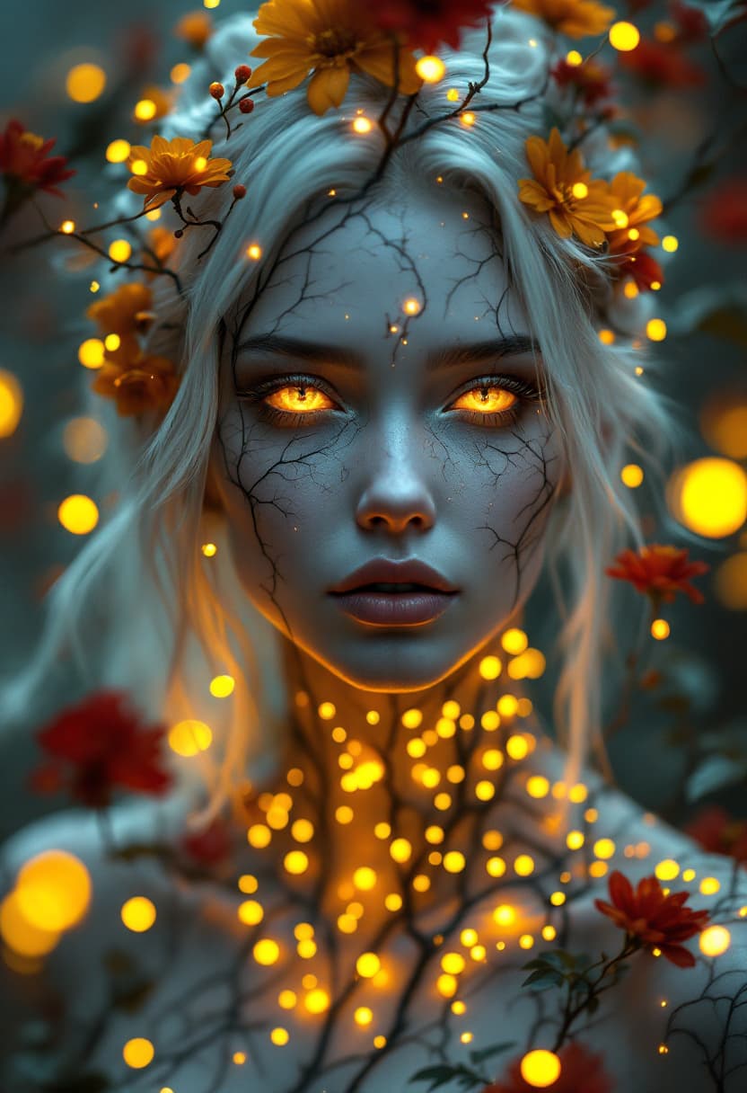 AI generated: A mystical ethereal woman with glowing golden eyes, pale porcelain skin, and white hair, adorned wit...